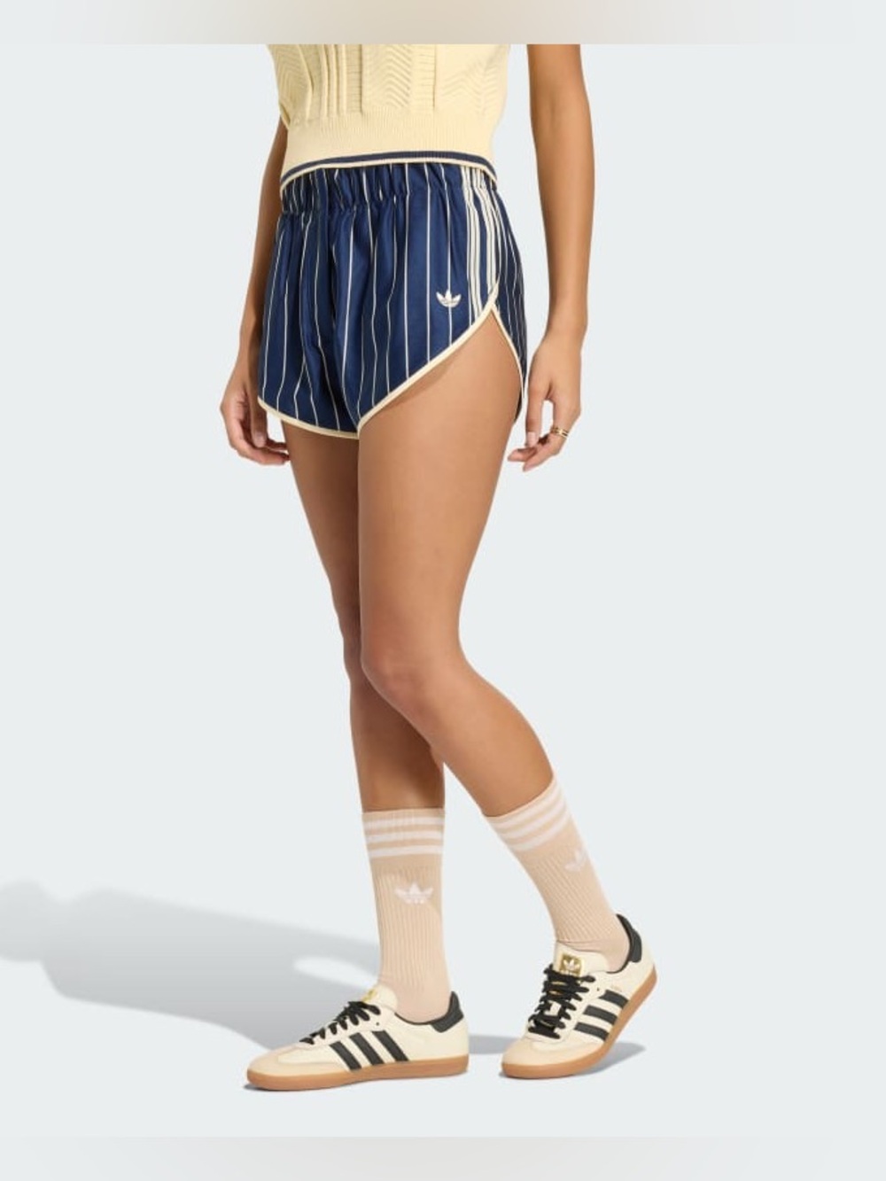 Adidas Originals Women’s Navy Pinstripe Firebird Shorts w Cream Trim, M, NWT - Picture 11 of 12